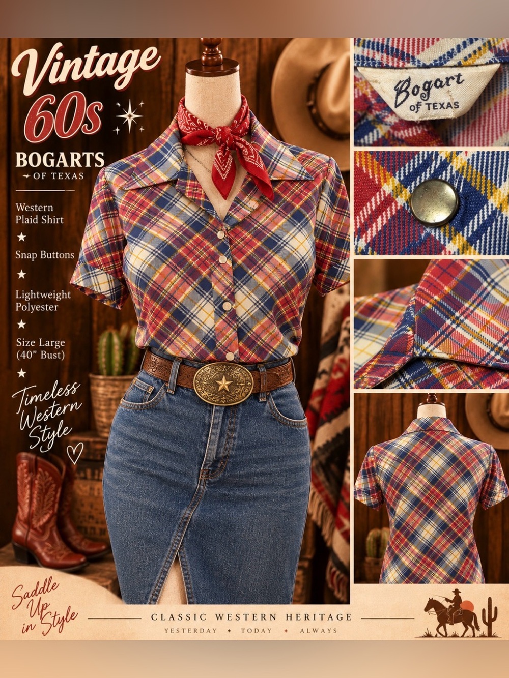 Vintage 60s polyester Short-Sleeve Plaid Button-Up Shirt - womens large